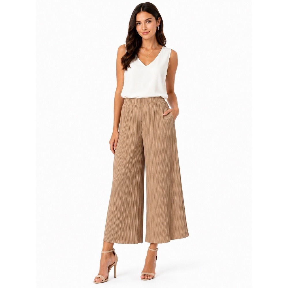 The Limited L Pleated Wide Leg Cropped Pants Tan Taupe Pull On Dressy Career EUC